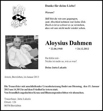Traueranzeige von Aloysius Dahmen von Mitteldeutsche Zeitung Sangerhausen
