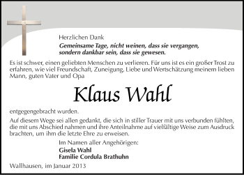 Traueranzeige von Klaus Wahl von Mitteldeutsche Zeitung Sangerhausen