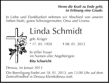 Traueranzeige von Linda Schmidt von Mitteldeutsche Zeitung Dessau-Roßlau