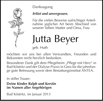 Traueranzeige von Jutta Beyer von Mitteldeutsche Zeitung Weißenfels