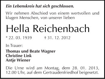 Traueranzeige von Hella Reichenbach von Mitteldeutsche Zeitung Halle/Saalkreis