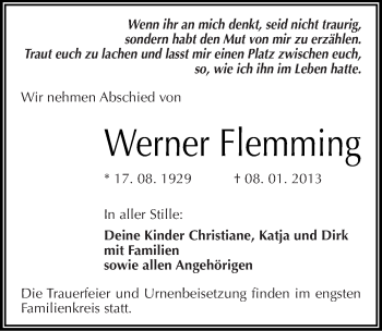 Traueranzeige von Werner Flemming von Mitteldeutsche Zeitung Dessau-Roßlau