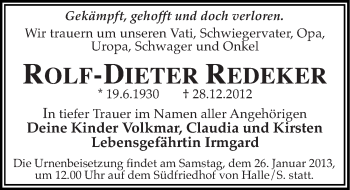Traueranzeige von Rolf-Dieter Redeker von Mitteldeutsche Zeitung Halle/Saalkreis