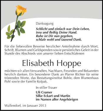 Traueranzeige von Elisabeth Hoppe von Mitteldeutsche Zeitung Merseburg/Querfurt