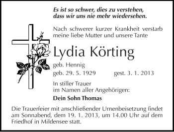 Traueranzeige von Lydia Körting von Mitteldeutsche Zeitung Dessau-Roßlau