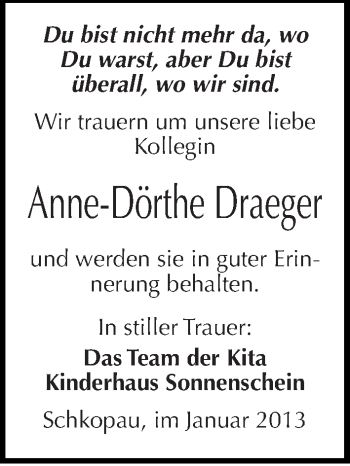 Traueranzeige von Anne-Dörthe Draeger von Mitteldeutsche Zeitung Merseburg/Querfurt