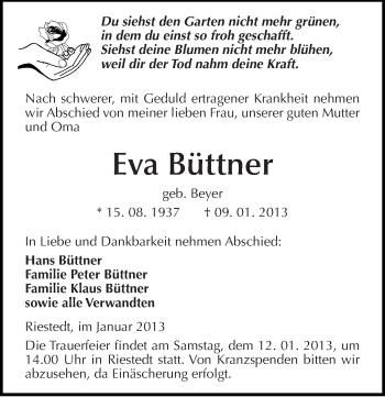 Traueranzeige von Eva Büttner von Mitteldeutsche Zeitung Sangerhausen