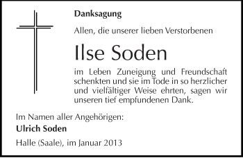 Traueranzeige von Ilse Soden von Mitteldeutsche Zeitung Halle/Saalkreis