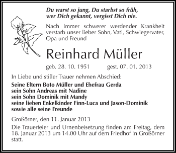 Traueranzeige von Reinhard Müller von Mitteldeutsche Zeitung Mansfelder Land