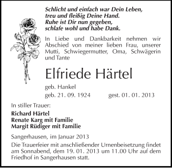 Traueranzeige von Elfriede Härtel von Mitteldeutsche Zeitung Sangerhausen
