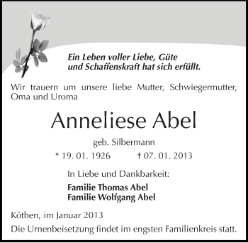 Traueranzeige von Anneliese Abel von Mitteldeutsche Zeitung Köthen