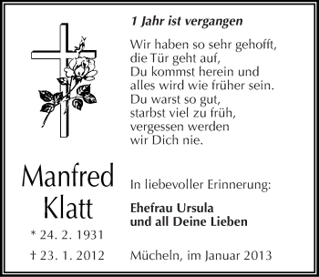Traueranzeige von Manfred Klatt von Mitteldeutsche Zeitung Merseburg/Querfurt