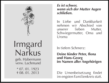 Traueranzeige von Irmgard Narkus von Mitteldeutsche Zeitung Halle/Saalkreis