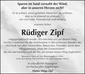 Traueranzeige von Rüdiger Zipf von Mitteldeutsche Zeitung Halle/Saalkreis