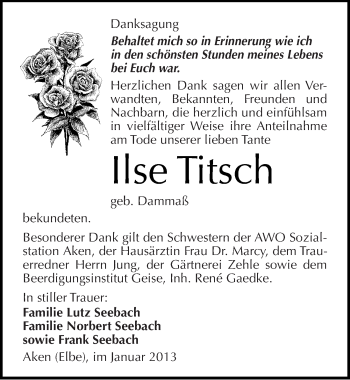 Traueranzeige von Ilse Titsch von Mitteldeutsche Zeitung Köthen