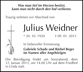 Traueranzeige von Julius Weidner von Mitteldeutsche Zeitung Wittenberg
