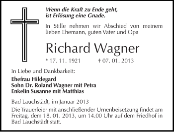 Traueranzeige von Richard Wagner von Mitteldeutsche Zeitung Merseburg/Querfurt
