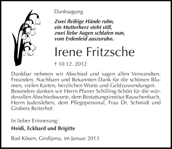 Traueranzeige von Irene Fritzsche von Mitteldeutsche Zeitung Naumburg/Nebra