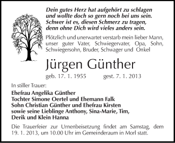 Traueranzeige von Jürgen Günther von Mitteldeutsche Zeitung Halle/Saalkreis