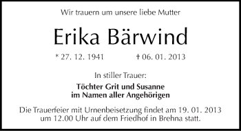 Traueranzeige von Erika Bärwind von Mitteldeutsche Zeitung Bitterfeld