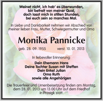 Traueranzeige von Monika Pannicke von Mitteldeutsche Zeitung Köthen