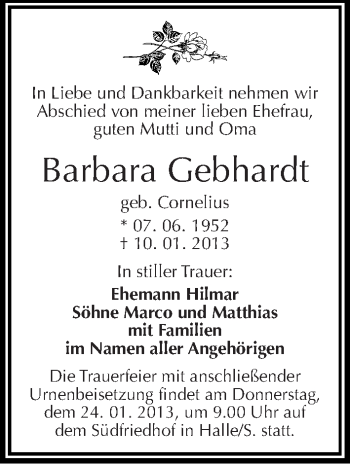 Traueranzeige von Barbara Gebhardt von Mitteldeutsche Zeitung Halle/Saalkreis