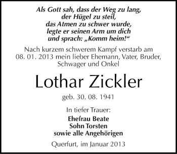 Traueranzeige von Lothar Zickler von Mitteldeutsche Zeitung Merseburg/Querfurt