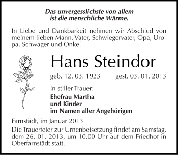 Traueranzeige von Hans Steindor von Mitteldeutsche Zeitung Merseburg/Querfurt