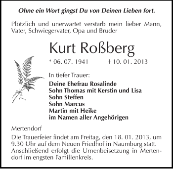 Traueranzeige von Kurt Roßberg von Mitteldeutsche Zeitung Naumburg/Nebra