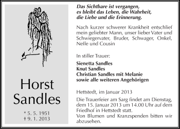 Traueranzeige von Horst Sandles von Mitteldeutsche Zeitung Mansfelder Land