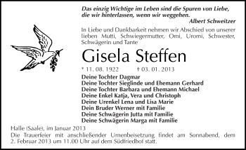 Traueranzeige von Gisela Steffen von Mitteldeutsche Zeitung Halle/Saalkreis