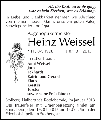 Traueranzeige von Heinz Weissel von Mitteldeutsche Zeitung Sangerhausen