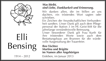 Traueranzeige von Elli Bensing von Mitteldeutsche Zeitung Mansfelder Land