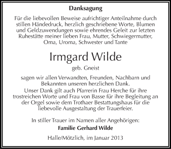 Traueranzeige von Irmgard Wilde von Mitteldeutsche Zeitung Halle/Saalkreis