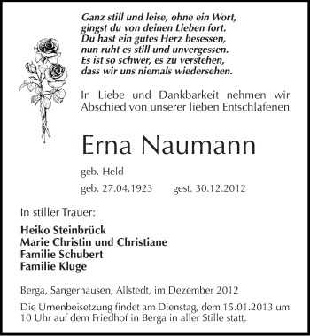 Traueranzeige von Erna Naumann von Mitteldeutsche Zeitung Sangerhausen