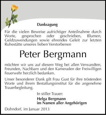 Traueranzeige von Peter Bergmann von Mitteldeutsche Zeitung Köthen