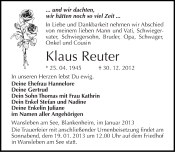 Traueranzeige von Klaus Reuter von Mitteldeutsche Zeitung Mansfelder Land