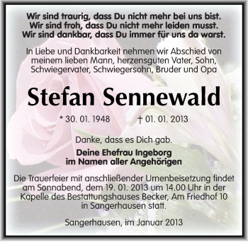 Traueranzeige von Stefan Sennewald von Mitteldeutsche Zeitung Sangerhausen