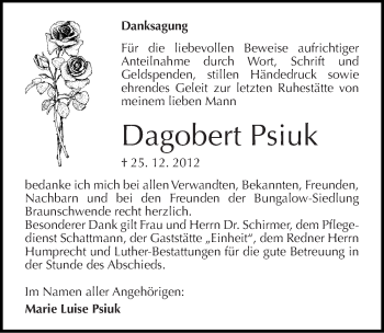 Traueranzeige von Dagobert Psiuk von Mitteldeutsche Zeitung Halle/Saalkreis