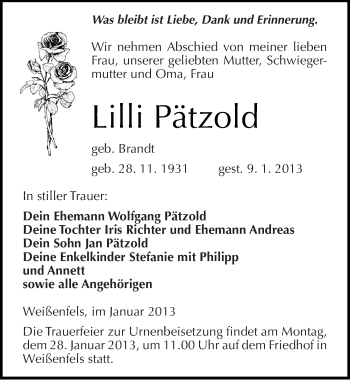 Traueranzeige von Lilli Pätzold von Mitteldeutsche Zeitung Weißenfels