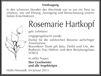 Traueranzeige von Rosemarie Hartkopf von Mitteldeutsche Zeitung Halle/Saalkreis