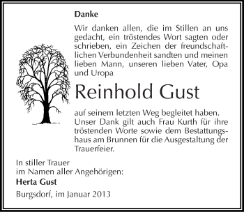 Traueranzeige von Reinhold Gust von Mitteldeutsche Zeitung Mansfelder Land