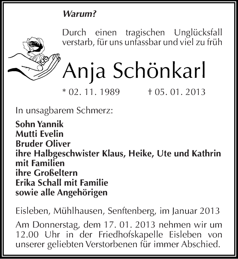  Traueranzeige für Anja Schönkarl vom 12.01.2013 aus Mitteldeutsche Zeitung Mansfelder Land