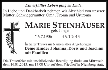 Traueranzeige von Marie Steinhäuser von Mitteldeutsche Zeitung Halle/Saalkreis