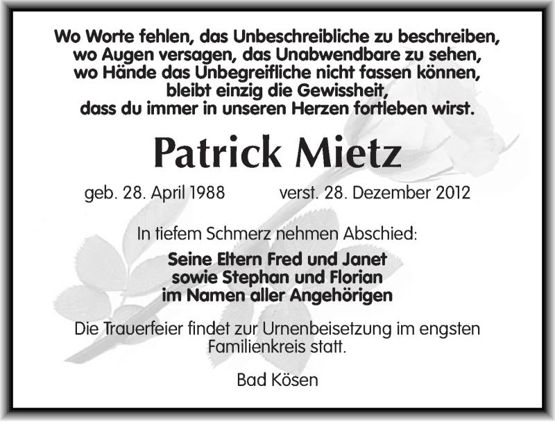  Traueranzeige für Patrick Mietz vom 12.01.2013 aus Mitteldeutsche Zeitung Naumburg/Nebra