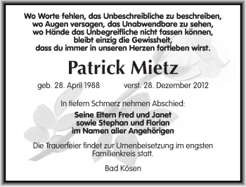 Traueranzeige von Patrick Mietz von Mitteldeutsche Zeitung Naumburg/Nebra