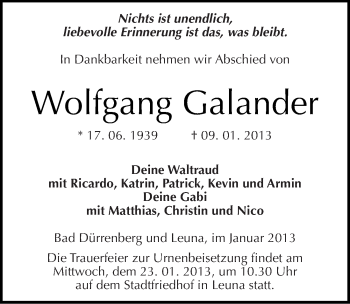 Traueranzeige von Wolfgang Galander von Mitteldeutsche Zeitung Merseburg/Querfurt
