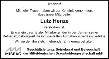 Traueranzeige von Lutz Henze von Mitteldeutsche Zeitung Weißenfels