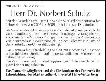 Traueranzeige von Norbert Schulz von Mitteldeutsche Zeitung Halle/Saalkreis