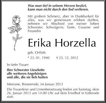 Traueranzeige von Erika Horzella von Mitteldeutsche Zeitung Mansfelder Land